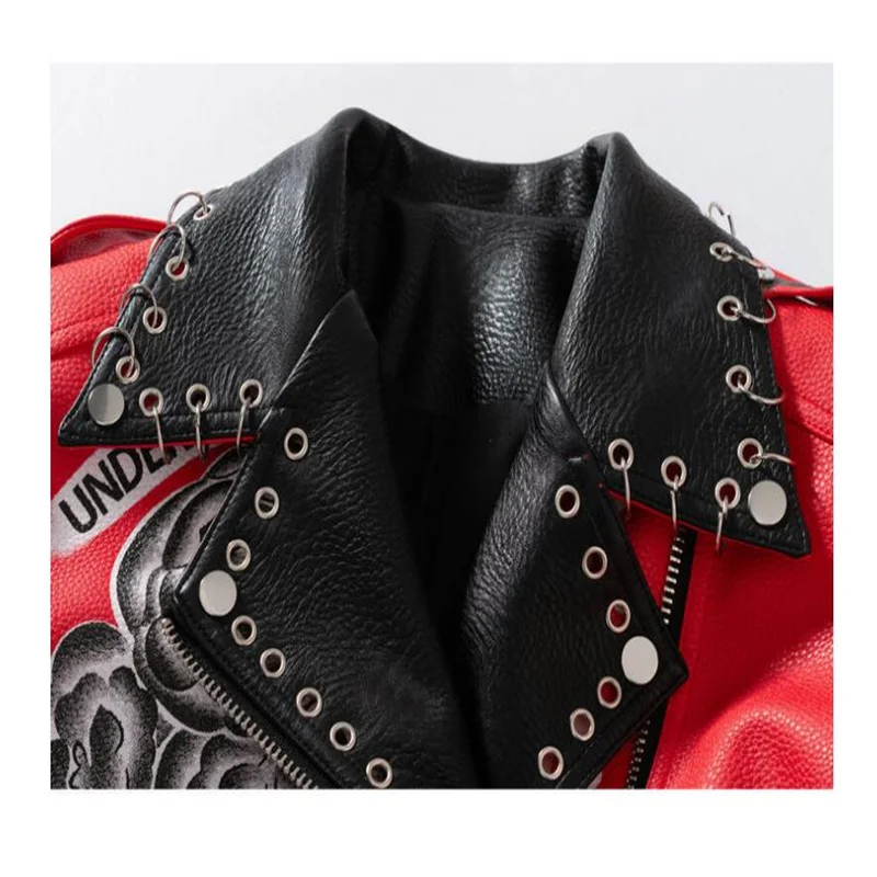 Chinese windmill leather jacket women new zipper print red short slim clothes spring autumn מעילים לנשים casacos de inverno femi