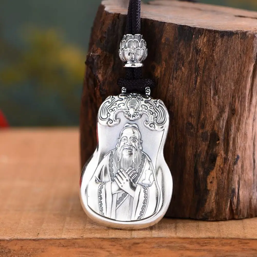 

Pure S999 Sterling Silver Bless Lucky Solid Bat Lotus Confucius Pendant 26g