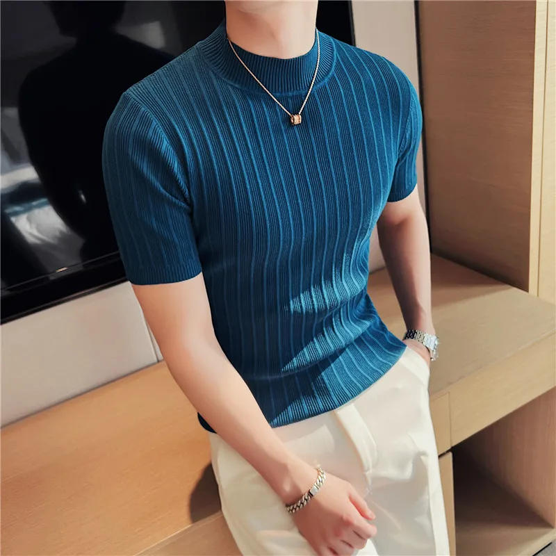 2022 Men's High-End Casual Short Sleeve knitting Sweater/Male High collar Slim Fit Stripe Set head Knit Shirts Plus size S-4XL