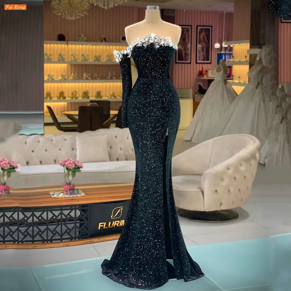 

Fei Rong Black Sparkle One Shoulder Sleeve Mermaid Eveing Dresses Robes De Soirée Beaded Sequins Side Slit Women Party Dress