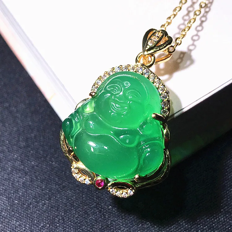 

Natural-carved Jade Necklace Pendant, Green Chalcedony Inlaid Buddha Pendant, High Ice Agate, Small Buddha Jewelry