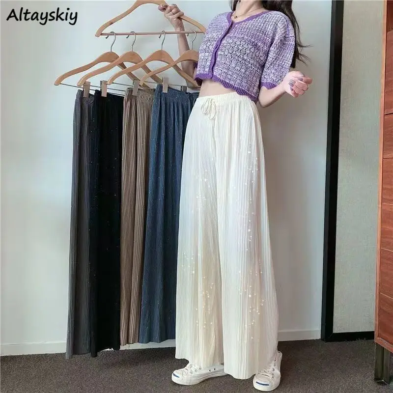 

High Waisted Pants Women Wide Leg Schoolgirls Pleated Thin Summer Cozy Baggy Simple All-match Girl Ulzzang Chic Basic Breathable