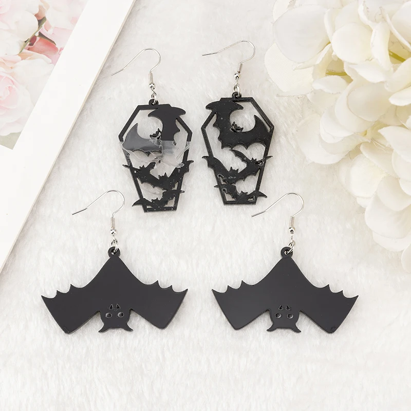 1 Pair Halloween Black Bat Drop Earrings Creative Acrylic Hollow Out Coffin For Woman Jewelry Holiday Gifts