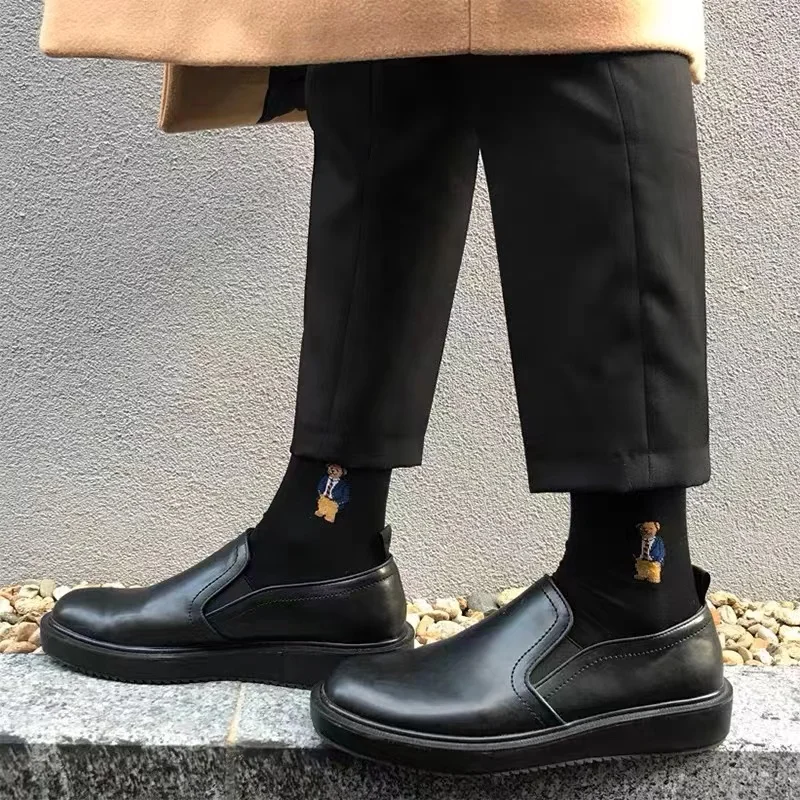 Cartoon Business Gentleman Bear Men's Socks Striped Love Cotton Harajuku Style Sport Boys Skateboard Novelty Breathable Gifts