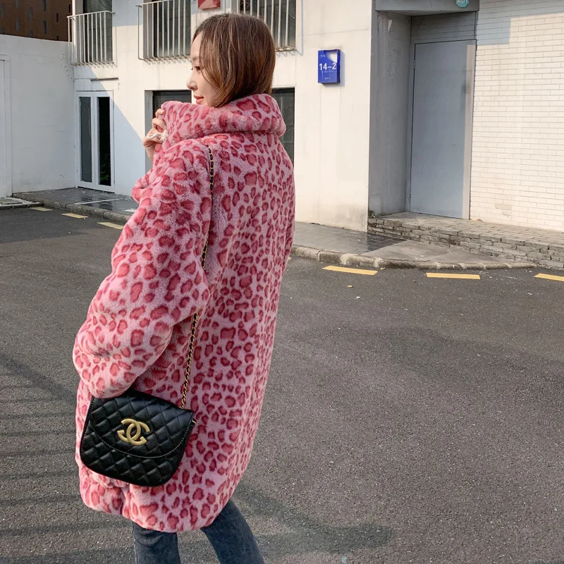 Winter Women's Rose Pink Leopard Faux Fur Medium Long Occupy Loose Coat Cow Horn Buckle Coat