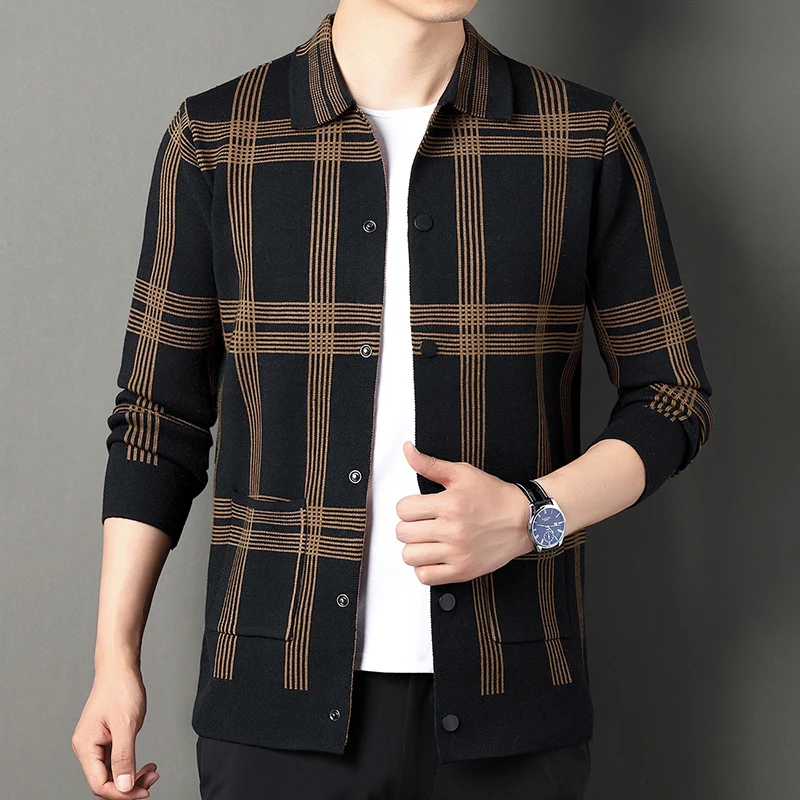 

Luxury High End Men's Knitted Jacket Trend Products Lapel Check Stripe Quality Pocket Korean Fashion Casual Sweater Black Autumn