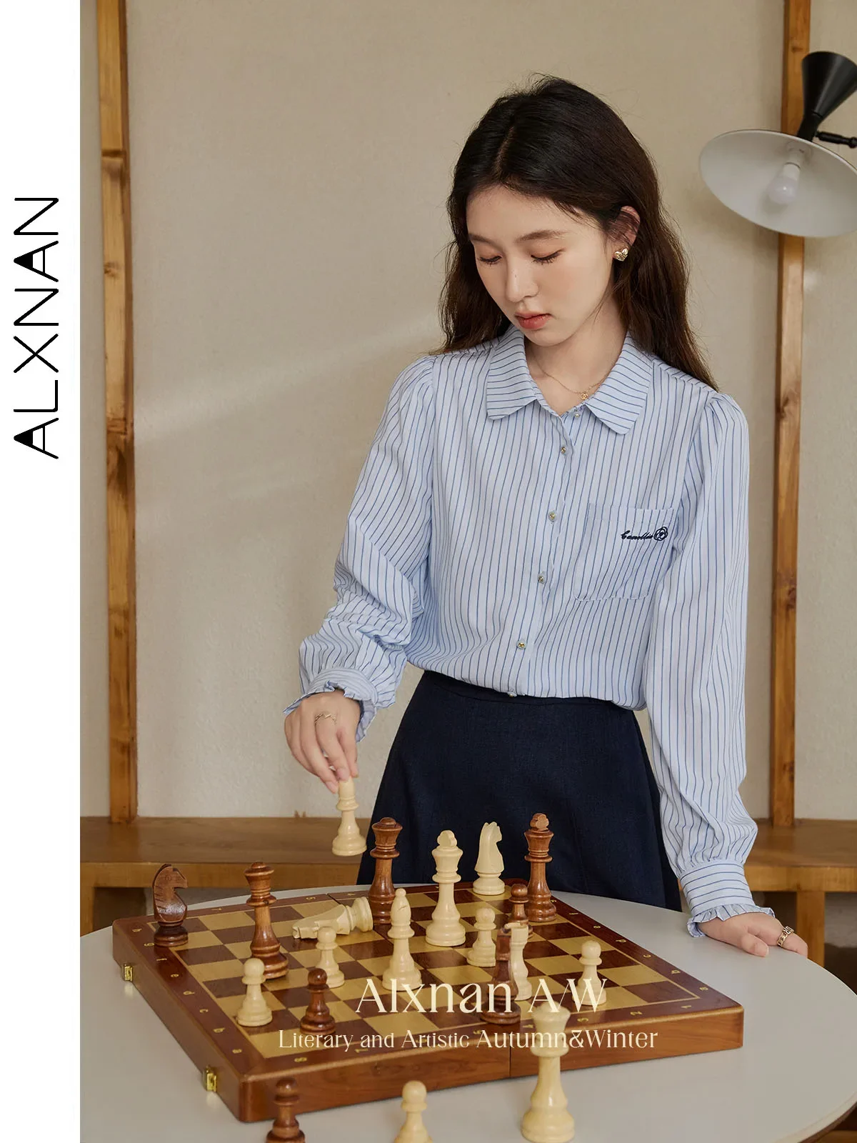 ALXNAN женские рубашки в полоску консервативном стиле простые с воротником