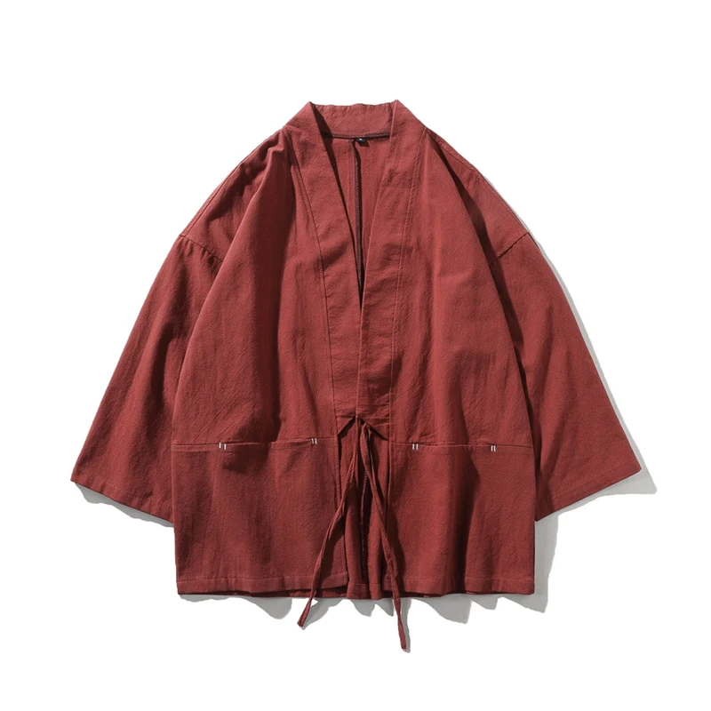 Mens Solid Kimono Jacket Loose Fit Japanese Style Full Sleeve Open Front Kimono Cardigan Coat Tops with Lacing