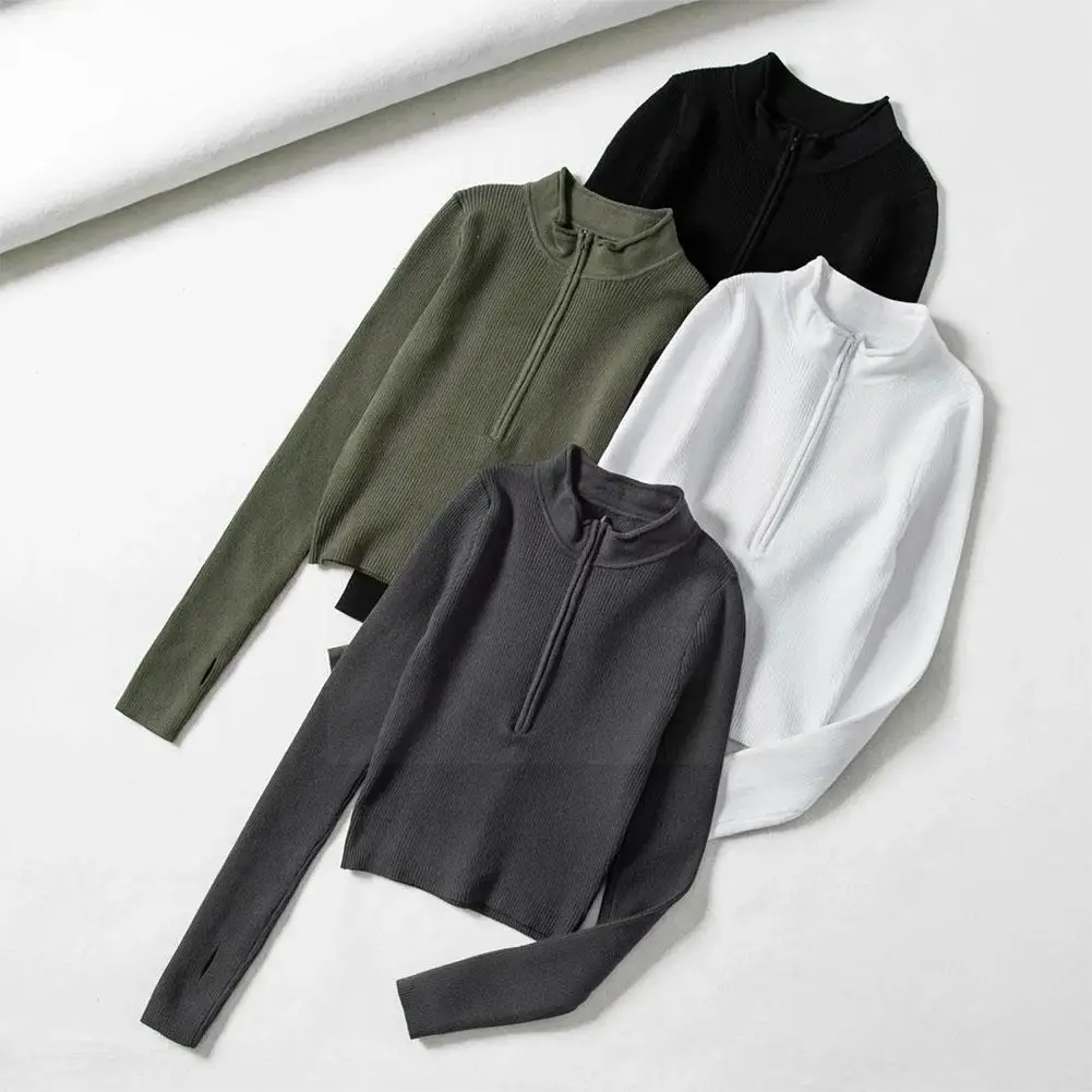 

Elegant High Neck Zipper Knitted Sweater Women Basic Clothes Sweater Fashion 2021 Winter Spring Top Cropped V4A5