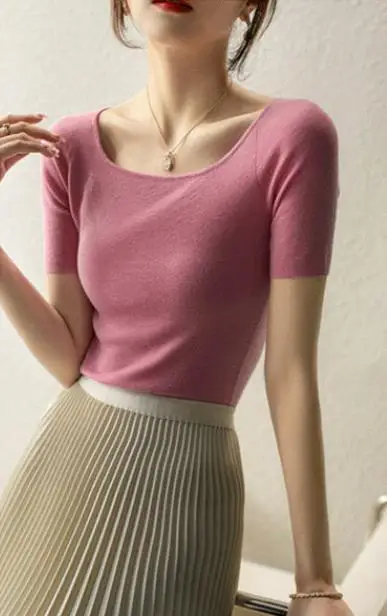 

Summer T-shirt Casual Solid Color Square Neck Short Sleeves grey