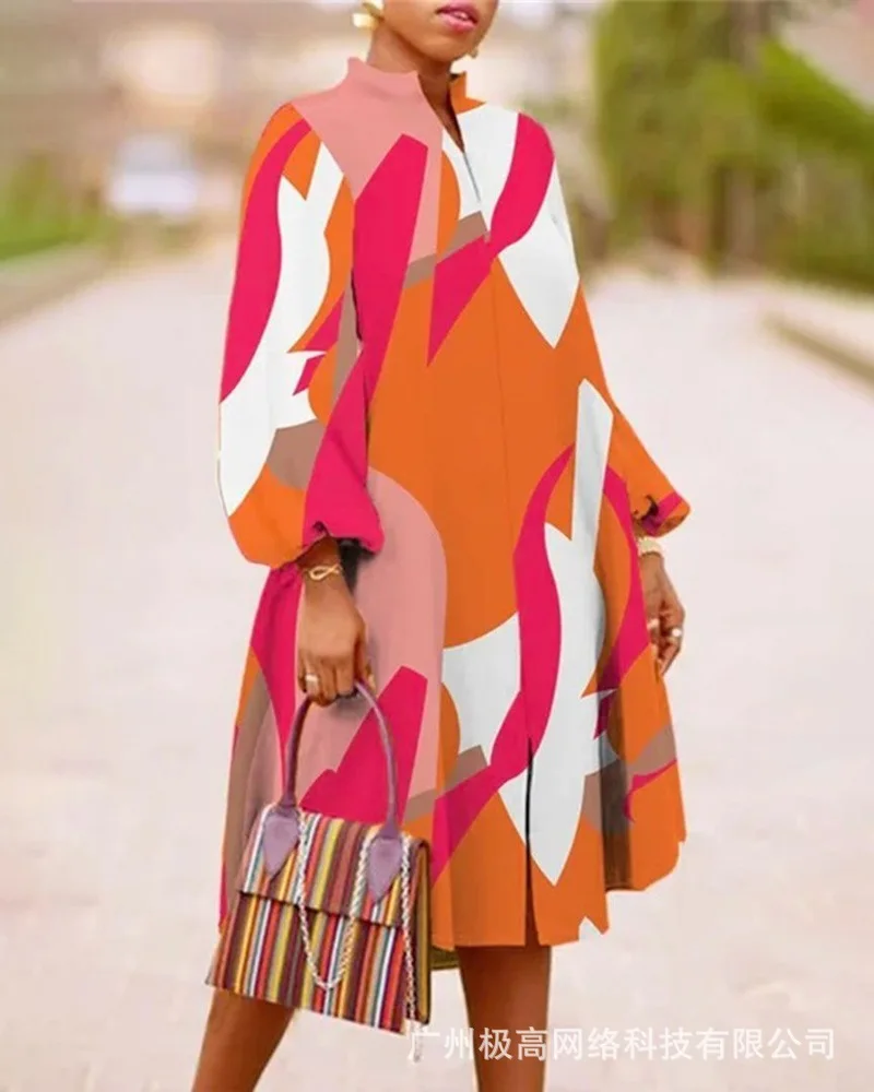 

Allover Print Lantern Sleeve Slit Casual Dress Women Spring Summer Fashion Casual Long Maxi Loose Dress