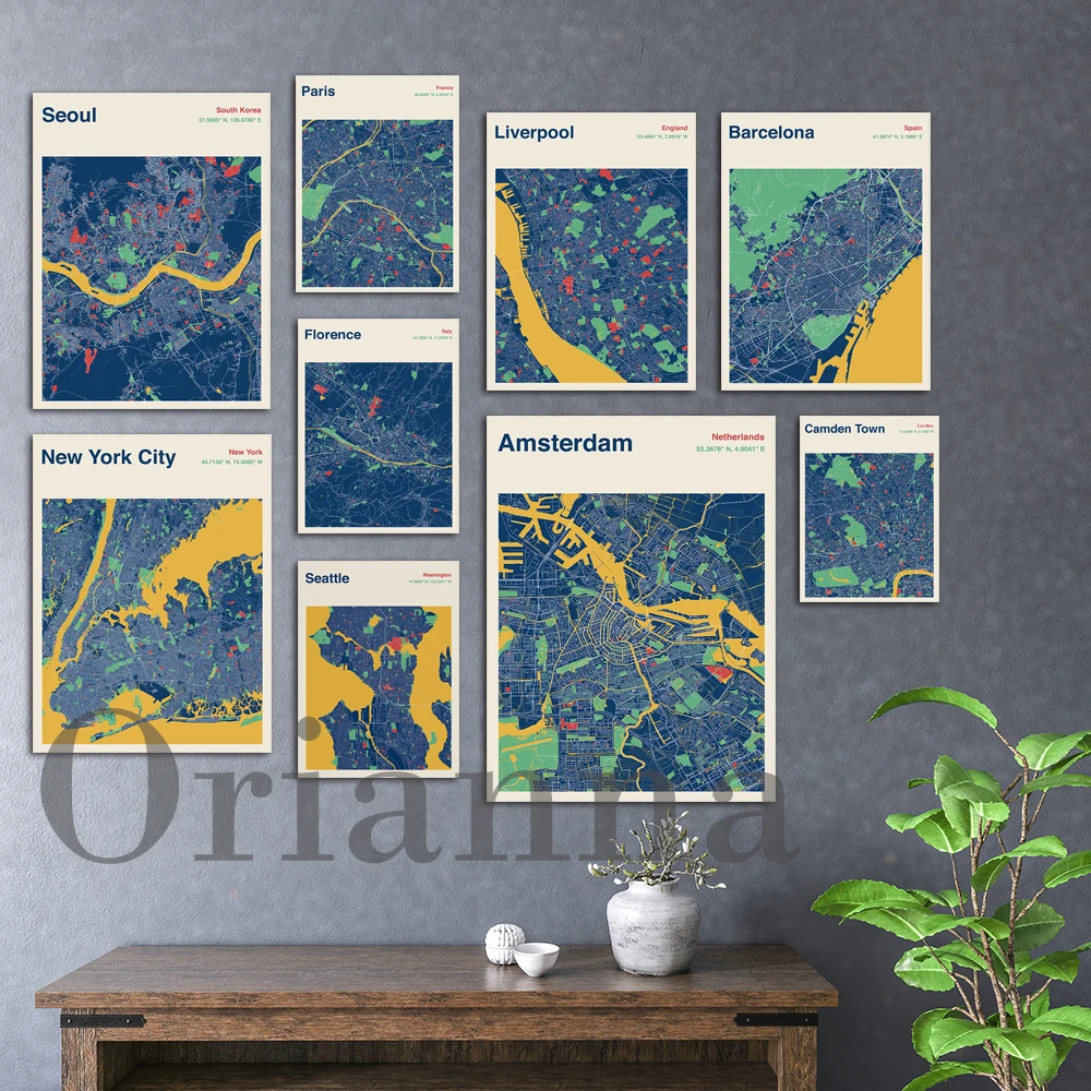 

Seattle Amsterdam Liverpool Camden Town Seoul Barcelona Moscow Florence Italy Seville Paris New York Map Poster Colour Map Print