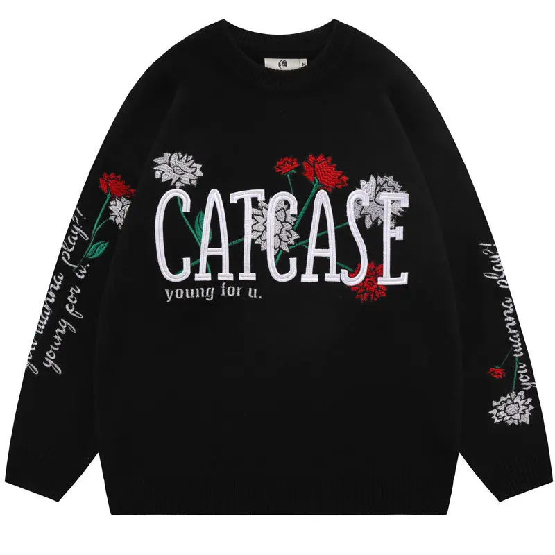 

Men Knitted Sweater Harajuku Embroidery Floral Letter Jumpers Sweaters Autumn Fashion Hip Hop Casual Cotton Pullover Sweater