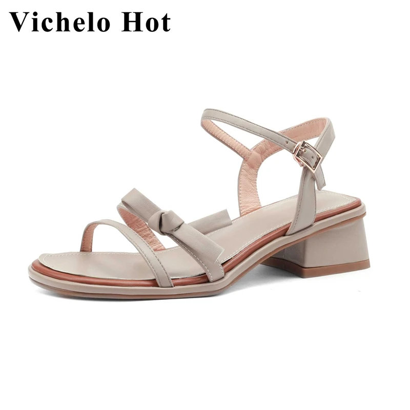 

Vichelo Hot Sheep Leather Peep Toe Med Heel Summer Shoes Butterfly-knot Beauty Lady Dating Sweet Korean Style Women Sandals L01