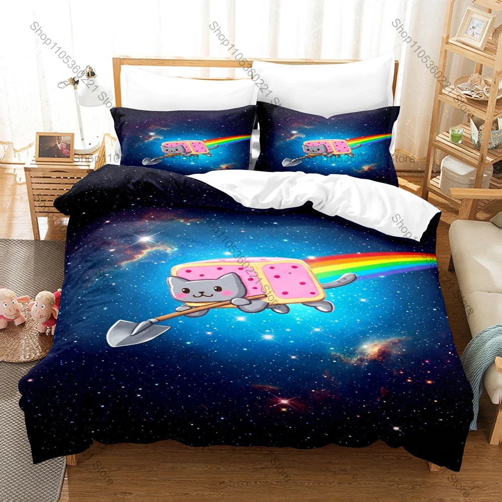 Фото Комплект постельного белья с мемом Rainbow Alien Nyan Cat: 1 пододеяльник + 2 наволочки, милый интернет-мем, мультяшный дизайн, подарок, домашний текстиль №5