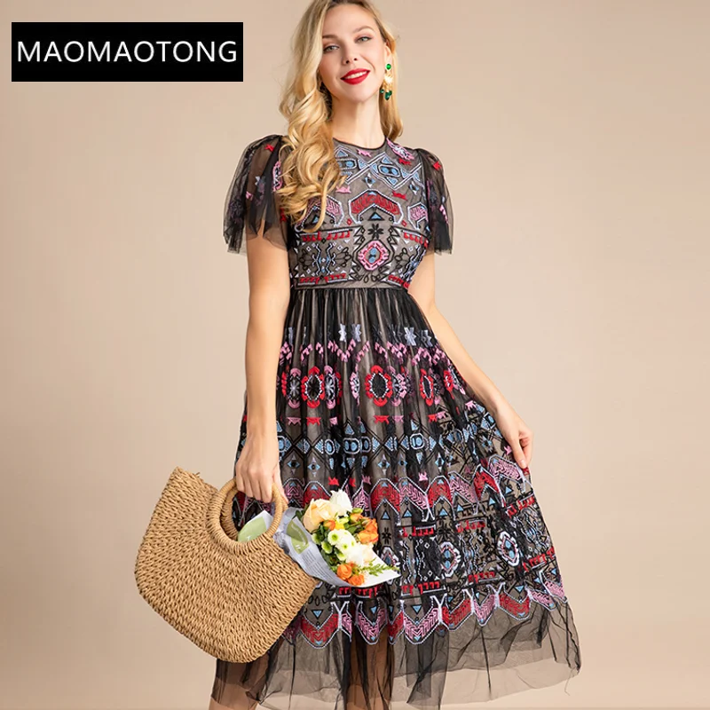 

Summer Designer Fashion Midi Dress Women Short sleeve Vintage Geometric Embroidery Black Mesh Elegant Party Dress