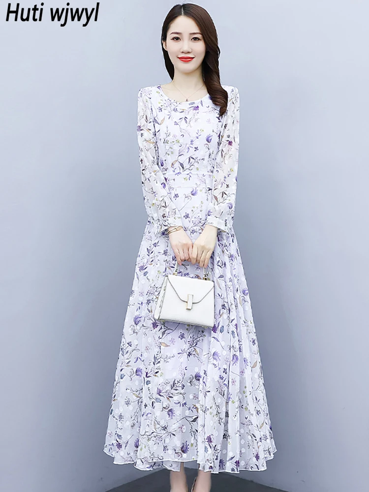 

Spring Autumn White Floral Chiffon Maxi Dress Women Vintage Casual Beach Long Sundress 2023 Elegant Bodycon Party Midi Vestidos