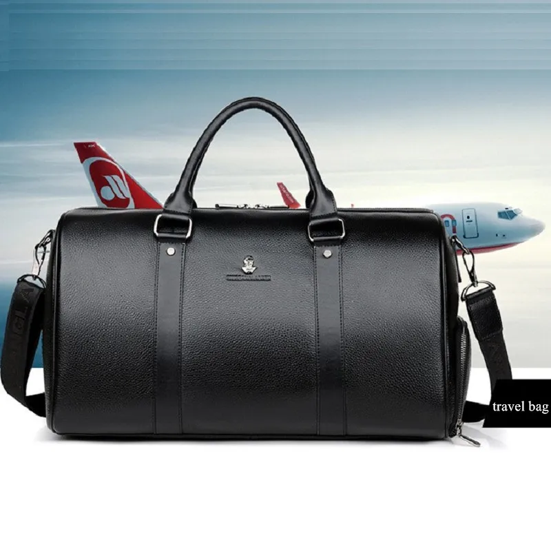 Business Travel Bag Men's Handbag Cowhide Men's Bag Luggage Shoes Holder Large Capacity Trip Single Shoulderbag Black Brown