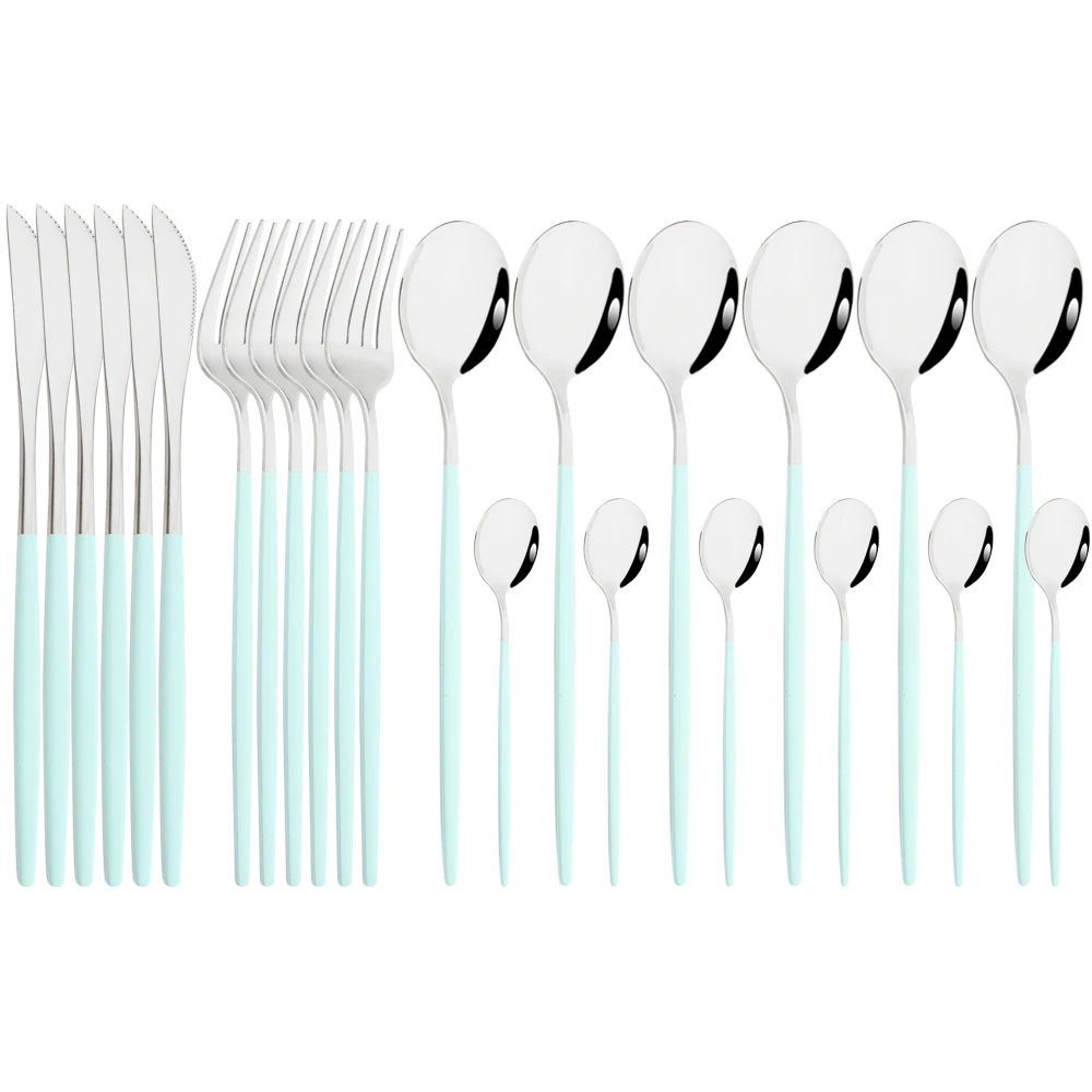 

Mint Green Silver Dinnerware Set Mirror Stainless Steel Cutlery Set Kitchen Silverware Dinner Fork Knife Tea Spoon Tableware Set