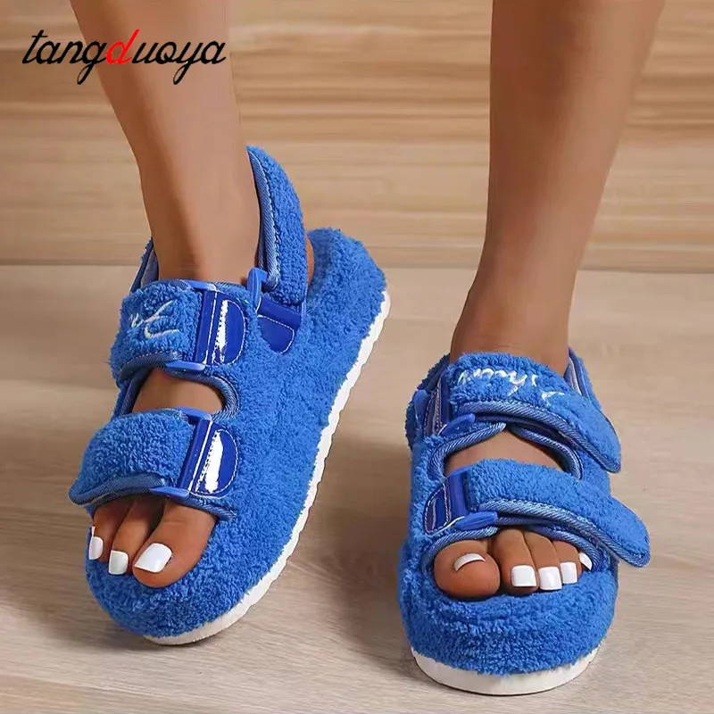 

Wholesale Cool Fluffy Fur Slippers Women Winter Warm Plush Home Slipper Outdoor Flat Thick Platform Slippers Winter Slides Shoes