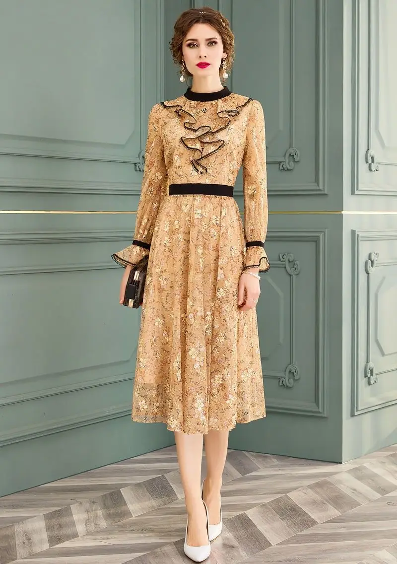 

High Quality Women Spring Elegant Ruffles Buttons Mesh Embroidery Cocktail Party Robe Female Vintage A-Line Midi Dress Vestidos