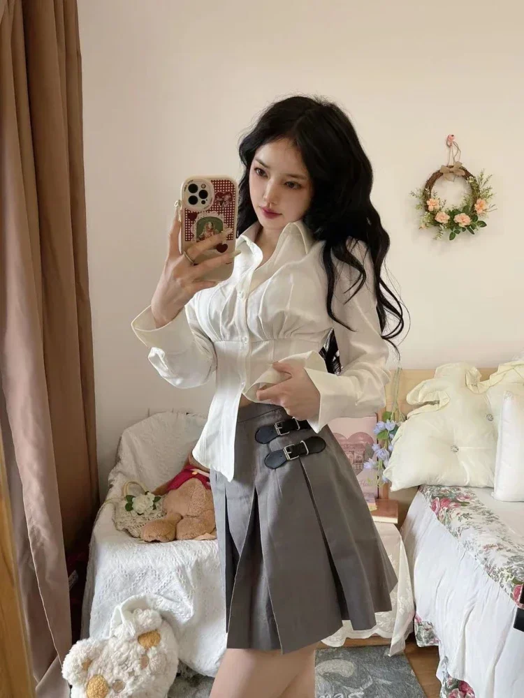 Y2K Белая блузка женская корейская мода сексуальная тонкая туника с длинным