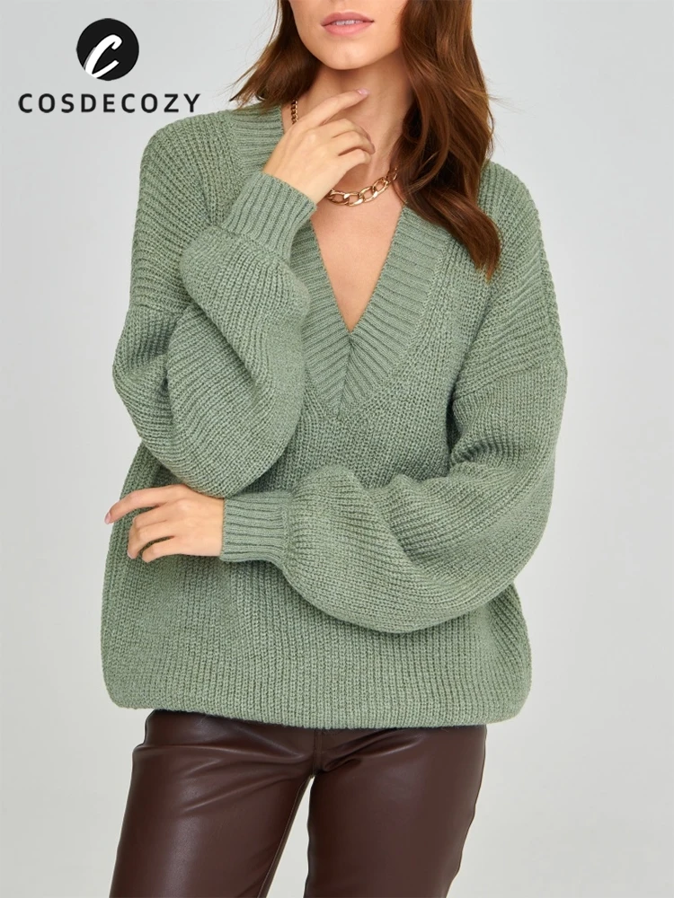 

Cosdecozy Stretchy V Neck Solid Sweater Warm Loose Pullovers Solid Jumper Hot Casual Autumn Winter Top