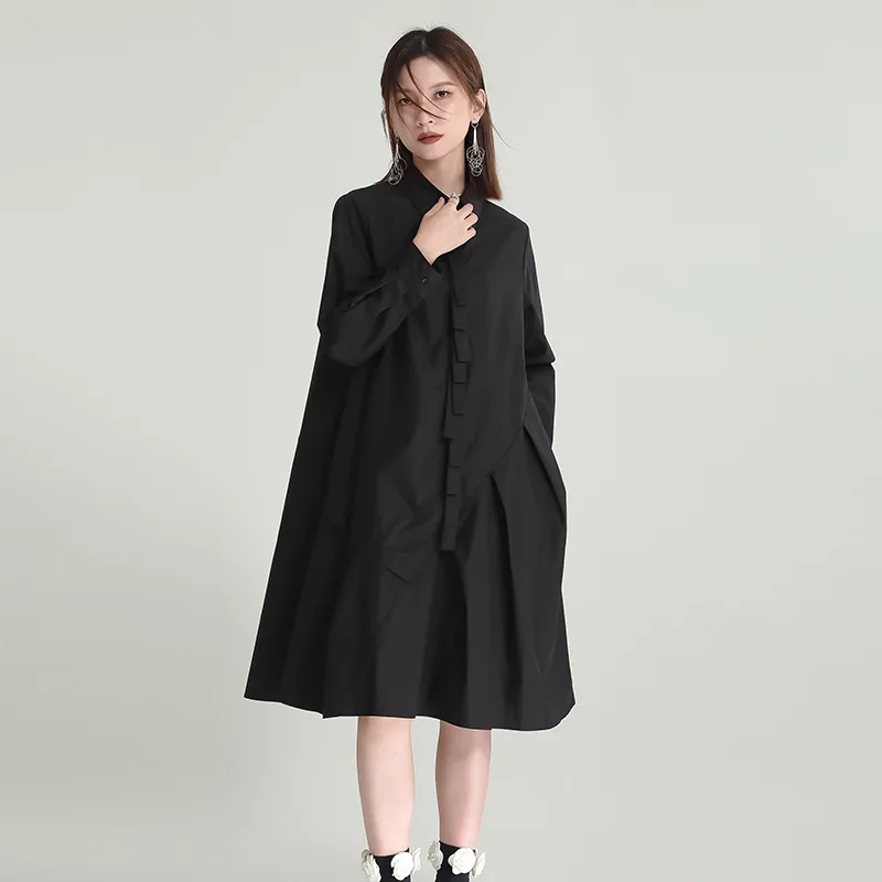

The2023autumn women's solid color mid-length shirt skirt lapel loose long-sleeved dress