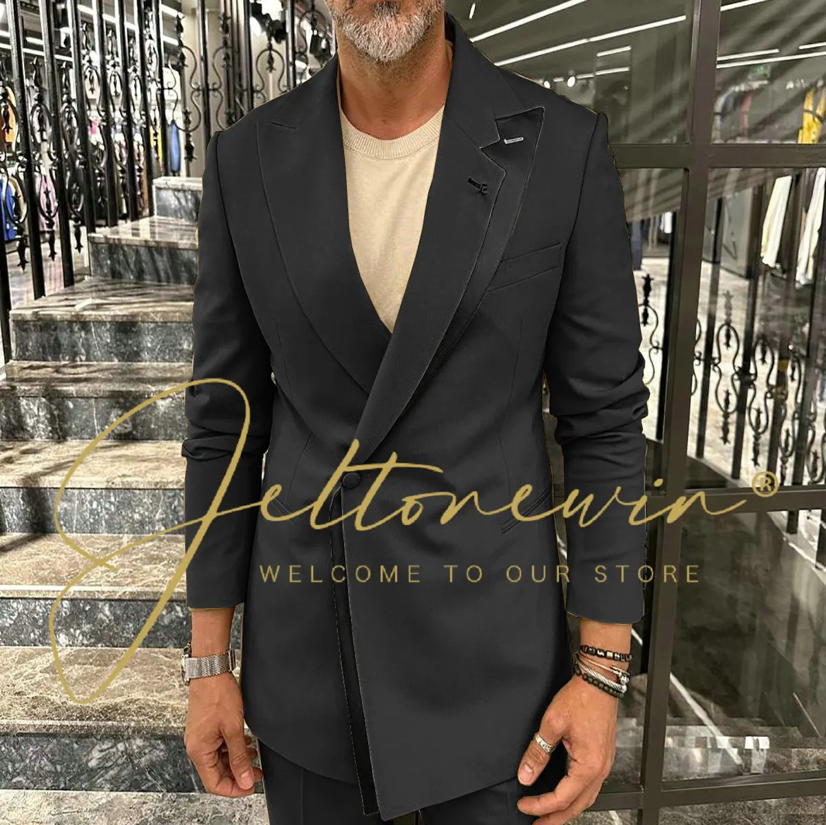 Мужской роскошный деловой костюм с двойным воротником элегантный облегающий