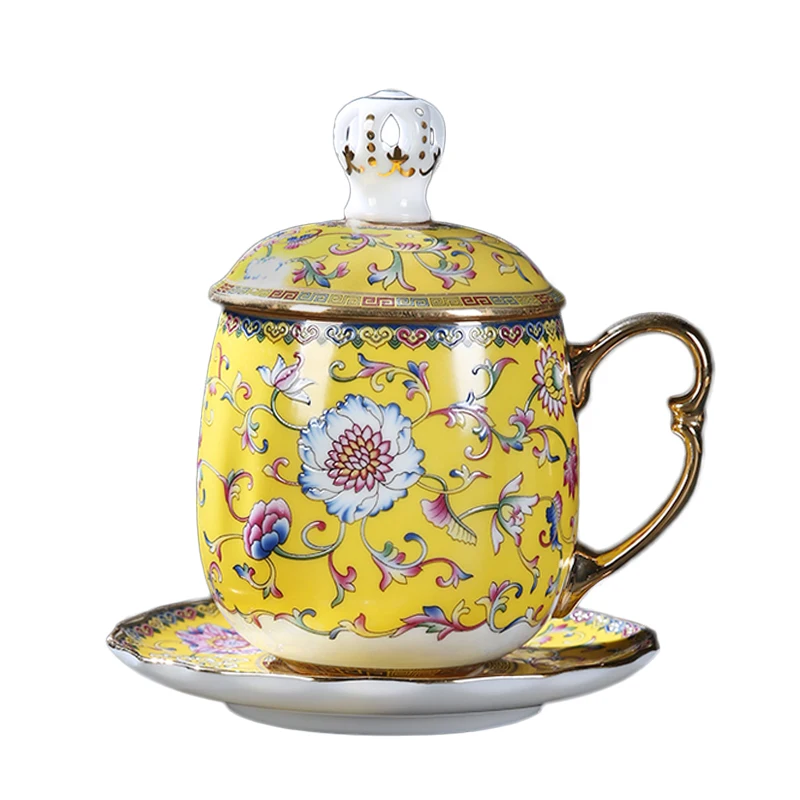 

Enamel Tea Mug with Saucer Lid Set Noble Coffee Mugs Ceramic Porcelain Teacup 400ml Gold Handle Water Cups Drinkware Collection