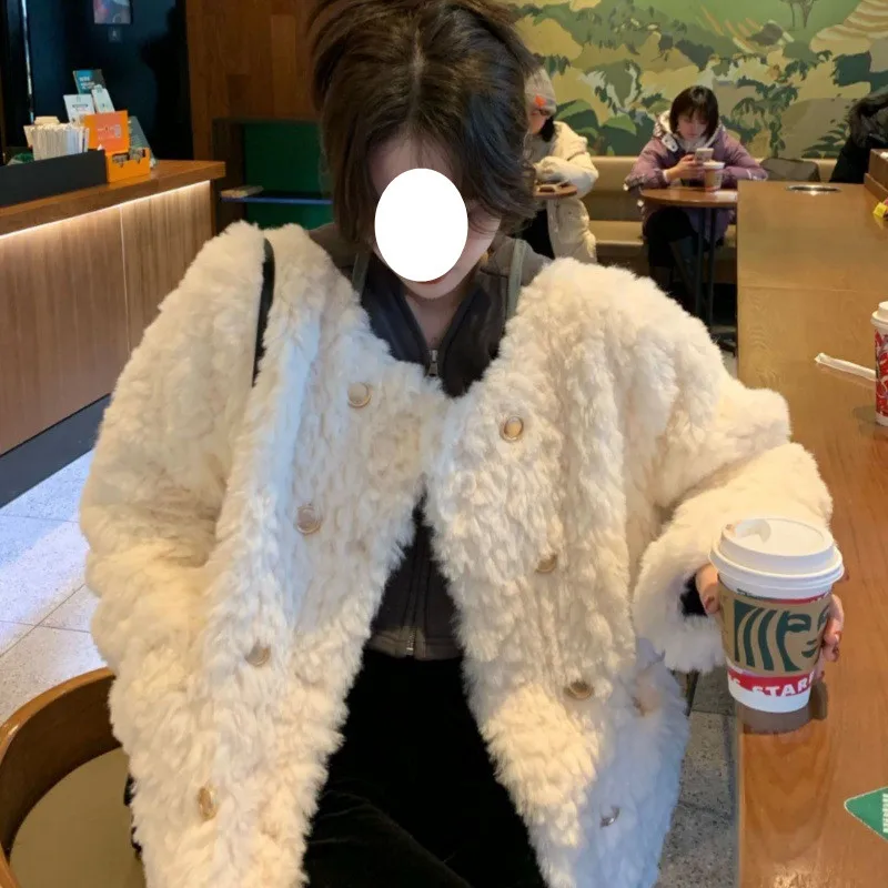 Lamb coat women's winter fragrance loose thickened plush coat cotton-padded jacket