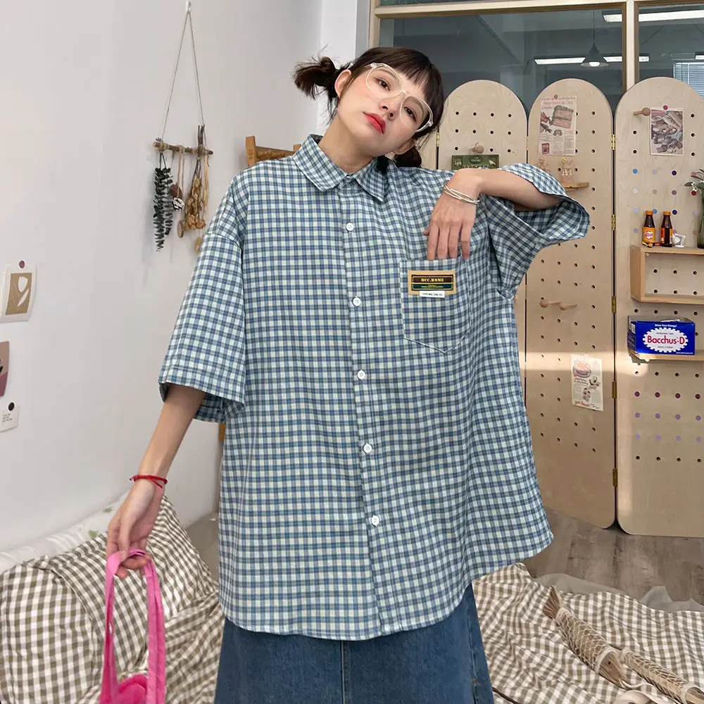 

Harajuku Streetwear Loose Plaid Shirts Women Label Short Sleeve Blouse Woman 2022 Summer New Button Down Tops