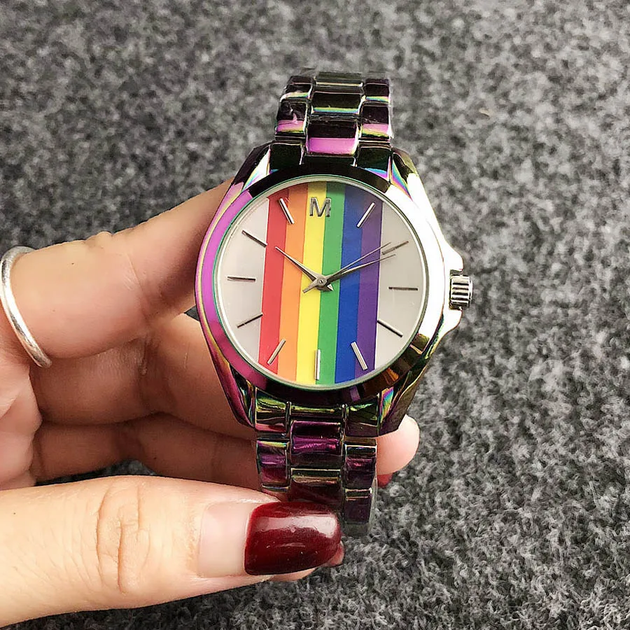Brand Wrist Watches Women Girl Ladies Rainbow Style Quartz Casual Steel Metal Band Clock m99