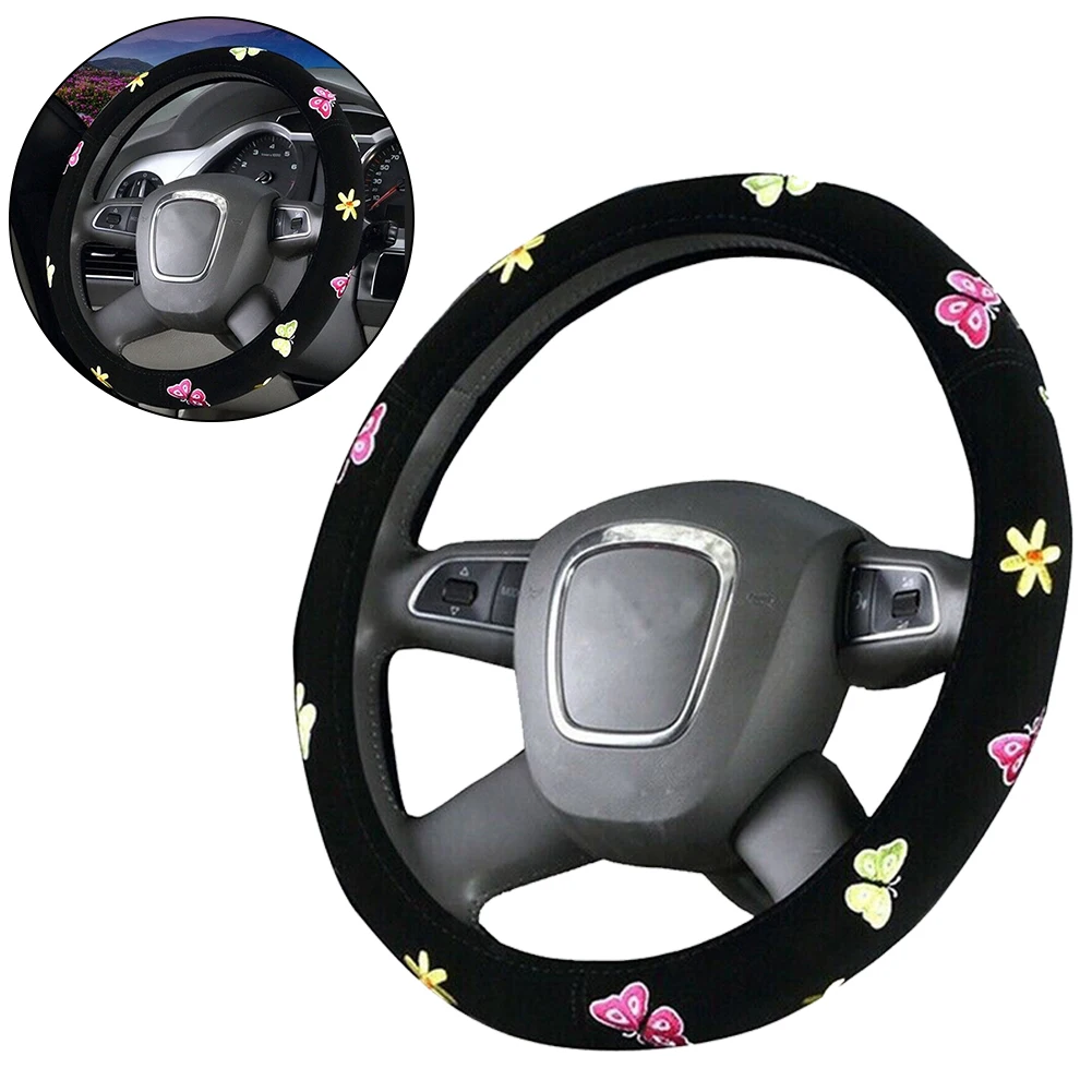 

Cute Embroidered Car Steering Wheel Cover Butterfly Steering Cover Wrap Protective Cover For Most Cars With 38cm Steering Wheel.