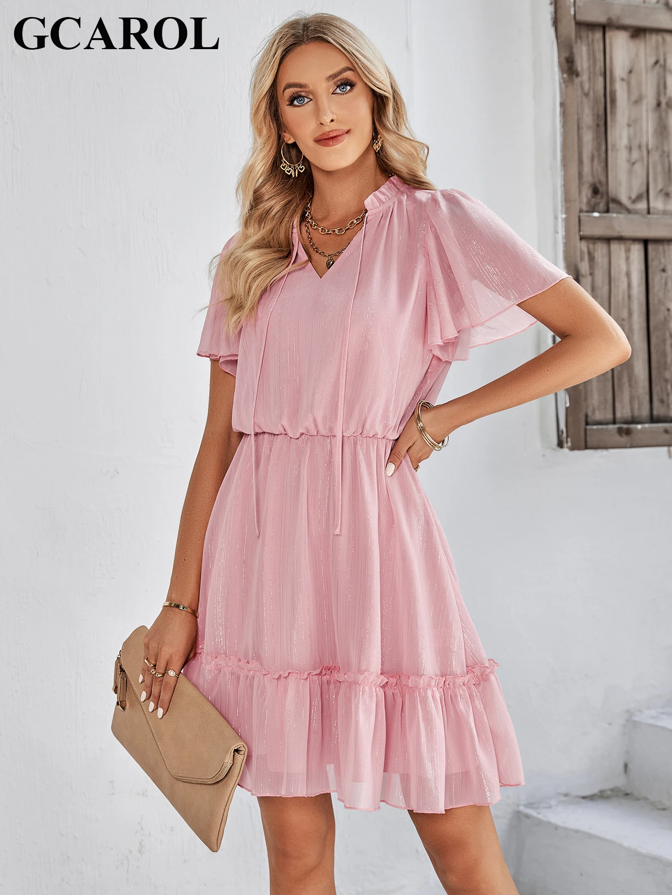 

GCAROL женское яркое шелковое платье средней длины с v-образным вырезом, высокой эластичной талией, каскадными оборками, офисное женское элегантное модное платье