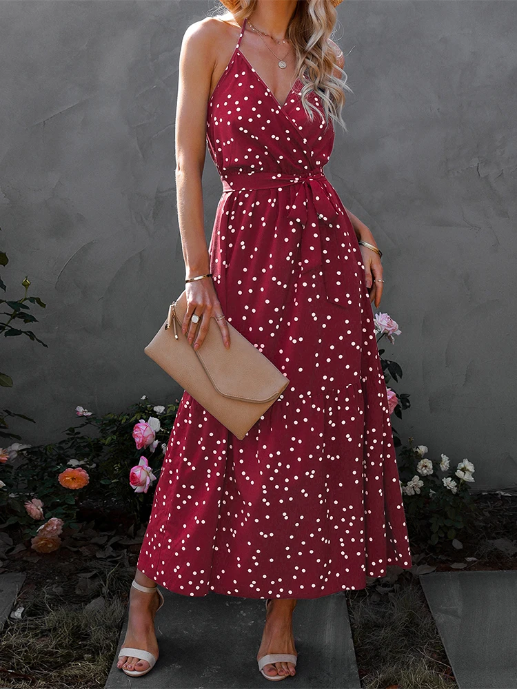 

Trendeez Casual Polka Dot Full Print V-Neck Spaghetti Strap Belt Ankle Dress