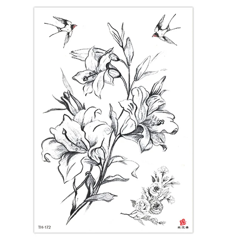 Одноразовые наклейки с искусственными цветами для татуировок черно-белые