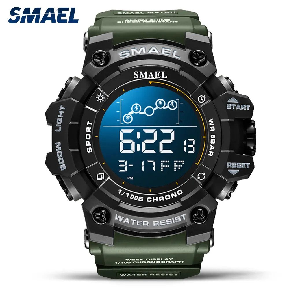 

SMAEL Olive Green Sport Watch for Men Waterproof Chronograph Electronic Digital Wristwatch with Week Date Alarm LED Display 8082