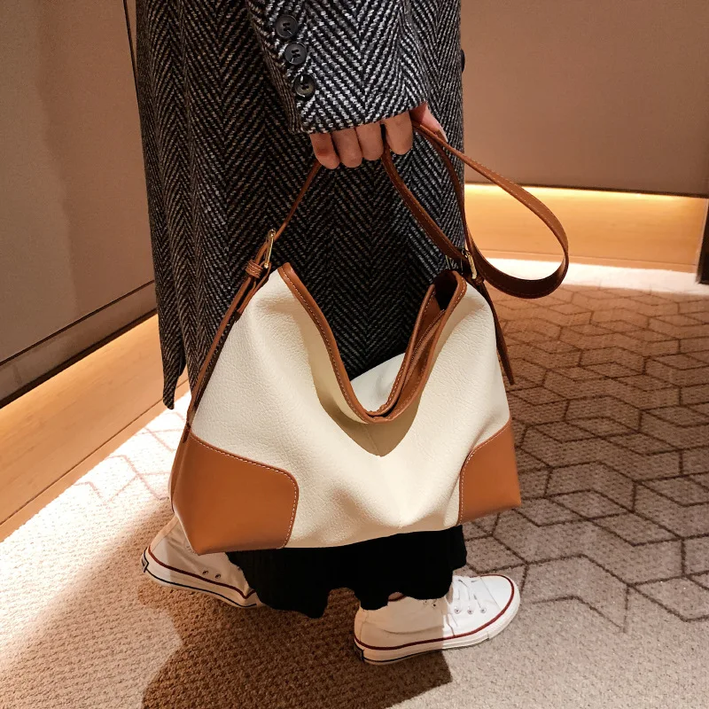 Retro PU Splice Contrast Shoulder Bag Fashion Crossbody Bags Women Large CapacityTote Handbags Versatile Satchel Commute Storage