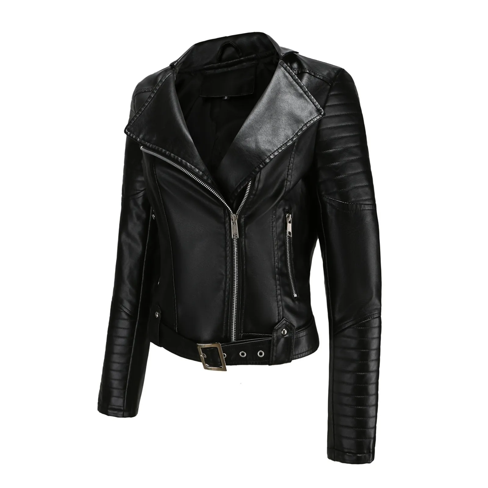 Женская повседневная куртка из однотонной искусственной кожи с карманами