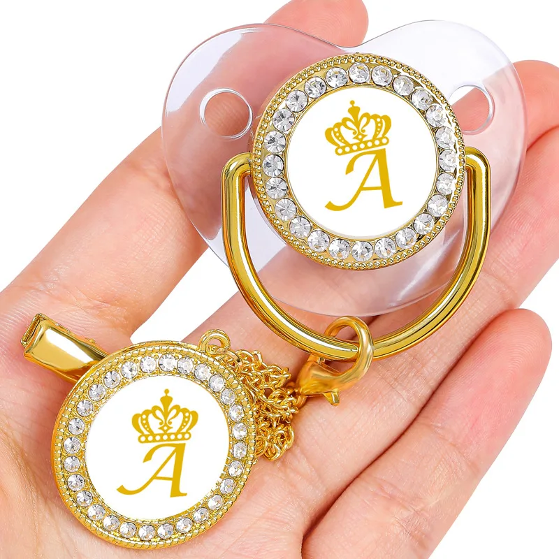 

Luxury Gold Crown Name Initial Letter Baby Pacifier With Clips BPA Free Silicone Infant Nipple Bling Newborn Dummy Soother
