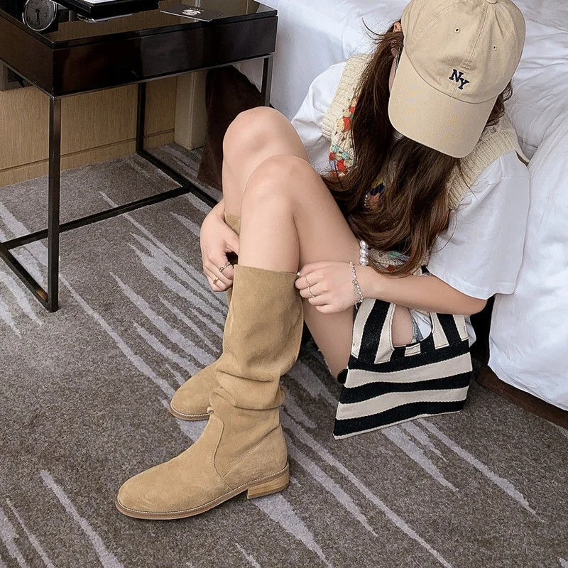 Genuine Leather Retro Pile Boots Frosted Thin Medium Boots Women's 2022 Autumn New Suede High-top Knight Boots Women Boots