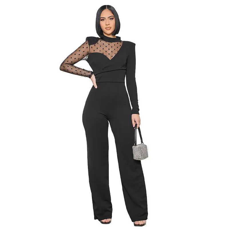

Y2k Straight Jumpsuit Women Stand Collar High Waist Playsuit Rompers Fashion New Mesh Splice Sexy Office Lady Jumpsuits Overalls