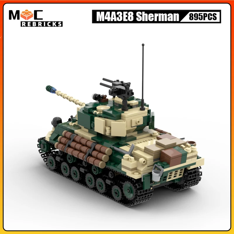 Фото Армейский танк времен Второй мировой войны M4A3E8 Sherman MOC, строительные блоки, военное оружие, трек, бронеавтомобиль, модель головоломки, кирпичи, игрушки, подарки для детей №3