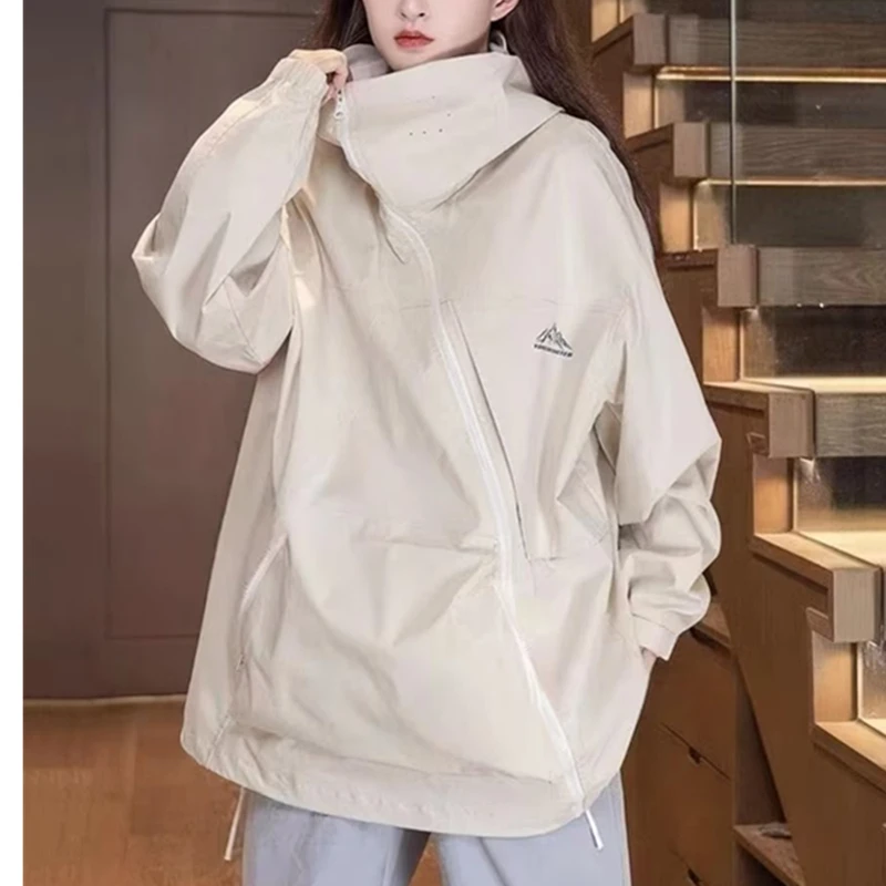 

Spring and Autumn Fashion New Hooded Long Sleeve Loose Outdoor Black Work Suit Mountaineering Charge Coat Jacket Women Trend
