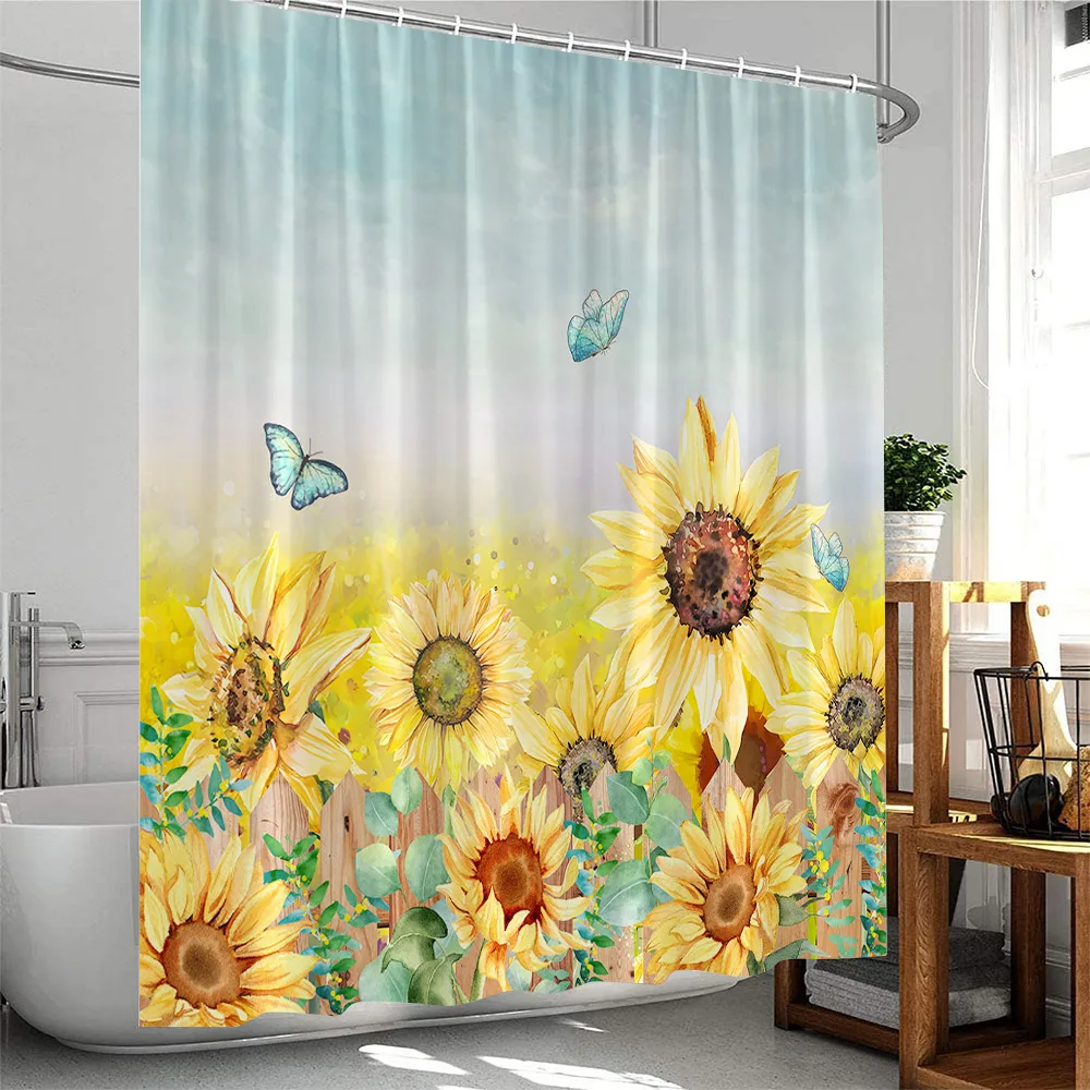 

Занавеска для душа в деревенском стиле с изображением подсолнуха, бабочки, Желтых Цветов, растений, природный пейзаж, Цветочная занавеска для ванной комнаты, декор с крючками