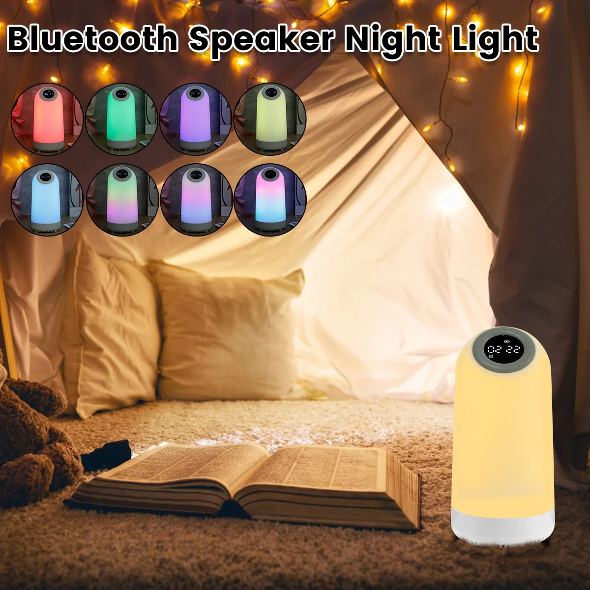 

Bluetooth-колонка с будильником и таймером, 1500 мА · ч, перезаряжаемая, Bluetooth, MP3-плеер с динамиком, 15 цветов светодиодный Светодиодная лампа