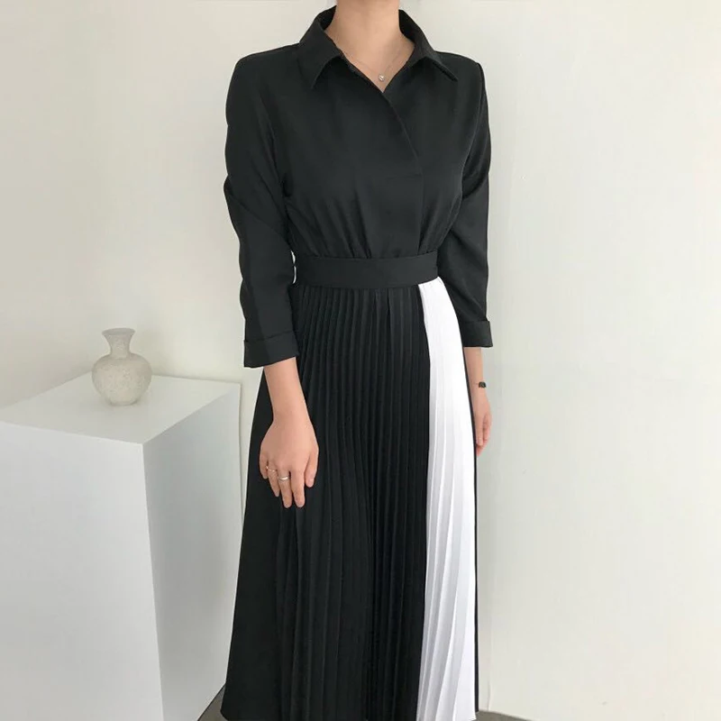 

Blue Pleated Dress Woman Cloth Adjustable High Waist Long-sleeve Turn-down Collar Vestidos Business 2021 Autumn Dresses Female
