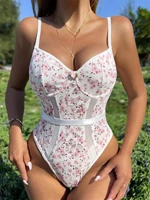 floral pattern mesh insert lace bustier bodysuit without panty