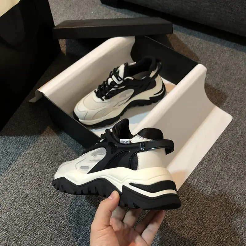 

2022 Chunky Sneakers Women Round Toe Leisure Outwear Black Casual Shoes Platform Lace-Up Trainers Handmade Sapatos Feminina35-39